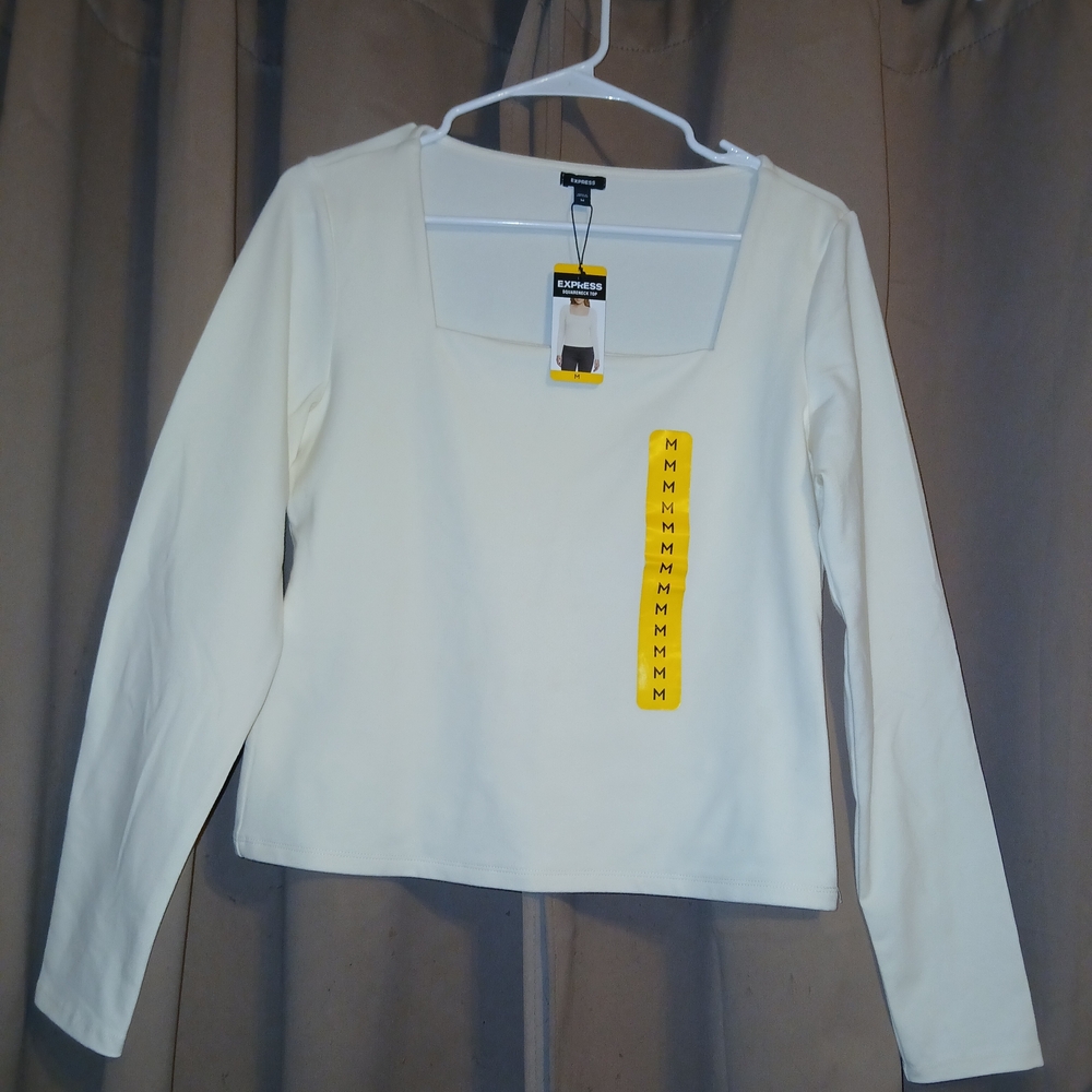 Express Squareneck Long Sleeve Top, Cream Colored and Size Medium
